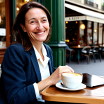 **

A professional French woman in her 40s, fully clothed in a modest business casual outfit (e.g., blouse and skirt or tailored pants), sitting at a bistro table in a charming Parisian cafe. She is smiling gently while enjoying a "café au lait". Soft, natural lighting, warm color palette. Safe for work, appropriate content, perfect anatomy, natural proportions, well-formed hands, professional photography, high quality, family-friendly. Background includes blurred view of other cafe patrons and the Parisian street scene.

**