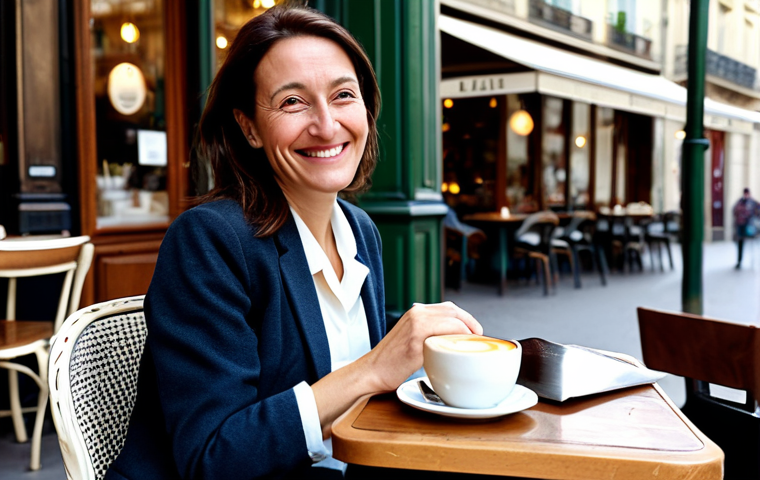 **

A professional French woman in her 40s, fully clothed in a modest business casual outfit (e.g., blouse and skirt or tailored pants), sitting at a bistro table in a charming Parisian cafe. She is smiling gently while enjoying a "café au lait". Soft, natural lighting, warm color palette. Safe for work, appropriate content, perfect anatomy, natural proportions, well-formed hands, professional photography, high quality, family-friendly. Background includes blurred view of other cafe patrons and the Parisian street scene.

**