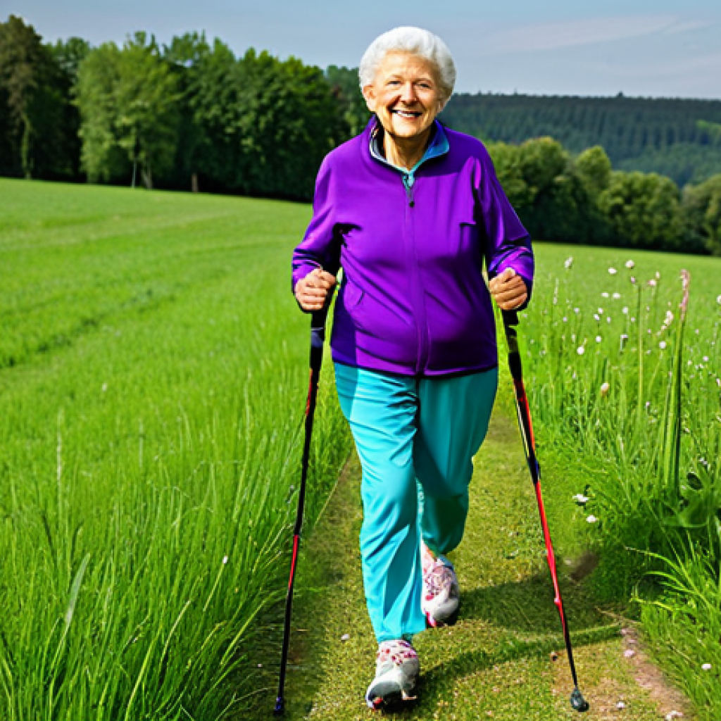 건강검진과 평균수명 - Healthy Lifestyle**

"A vibrant senior woman practicing Nordic walking in a lush French countryside,...
