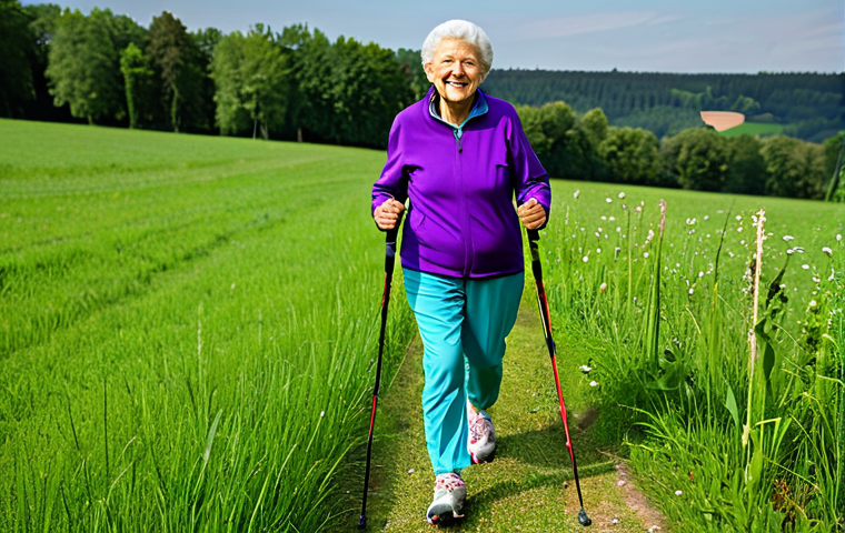건강검진과 평균수명 - Healthy Lifestyle**

"A vibrant senior woman practicing Nordic walking in a lush French countryside,...