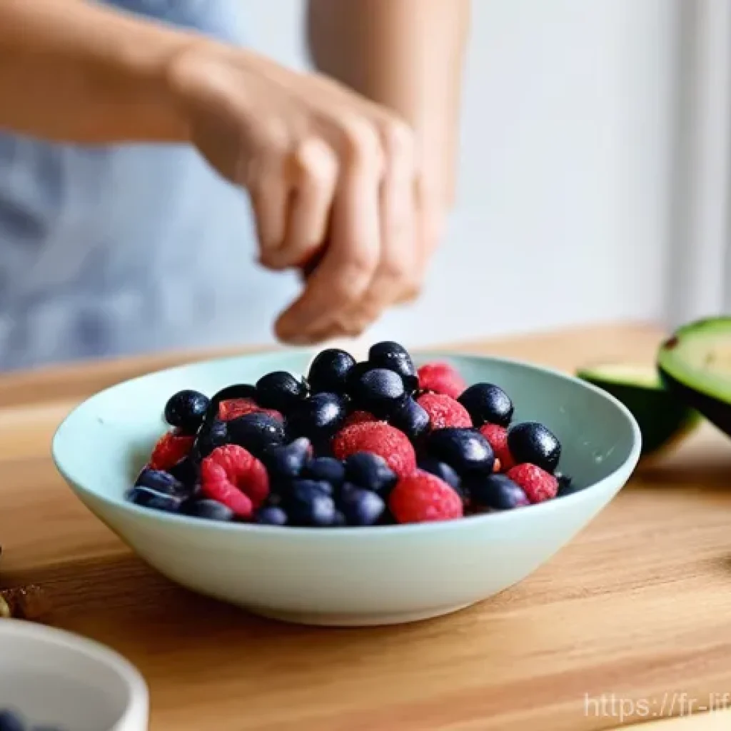 항노화 식품 - **Prompt:** A vibrant, beautifully lit kitchen counter scene featuring an inviting breakfast or snac...