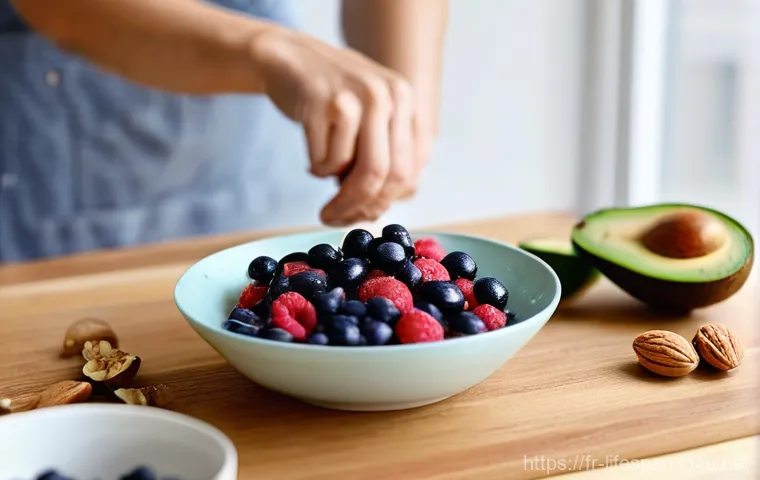 항노화 식품 - **Prompt:** A vibrant, beautifully lit kitchen counter scene featuring an inviting breakfast or snac...