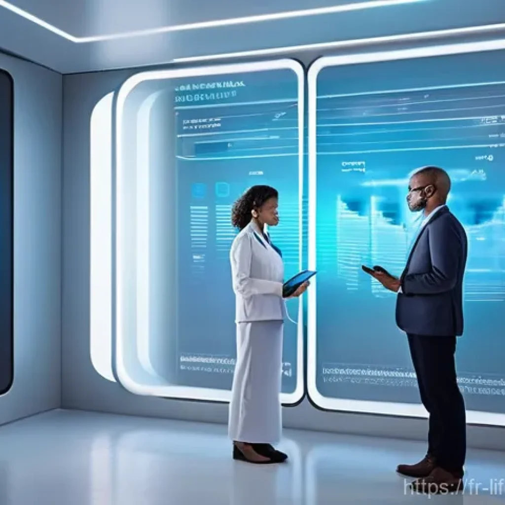 평균수명 예측 모델 - **Prompt: "A futuristic, serene health clinic interior. A diverse person in their late 40s-early 50s...