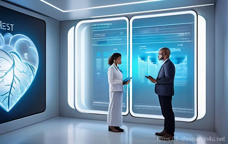 평균수명 예측 모델 - **Prompt: "A futuristic, serene health clinic interior. A diverse person in their late 40s-early 50s...