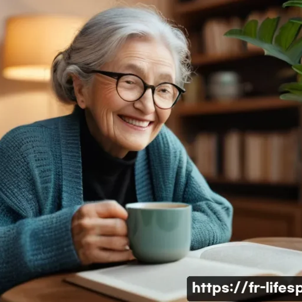 심리학과 평균수명 - **Prompt:** A cozy, warmly lit living room scene. An elderly woman with a kind face and a slight smi...