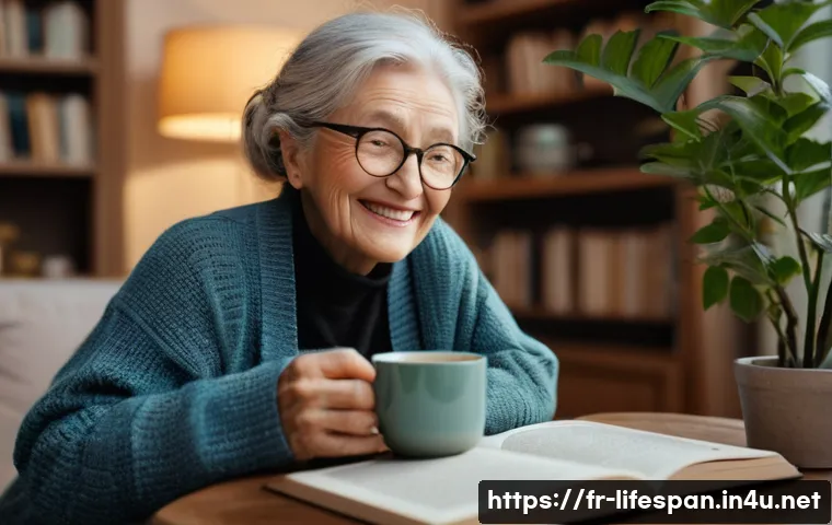심리학과 평균수명 - **Prompt:** A cozy, warmly lit living room scene. An elderly woman with a kind face and a slight smi...