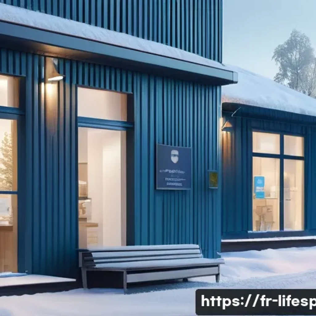국가별 평균수명 - A serene Nordic healthcare scene showing a modern, accessible clinic in a snowy Scandinavian town, w...