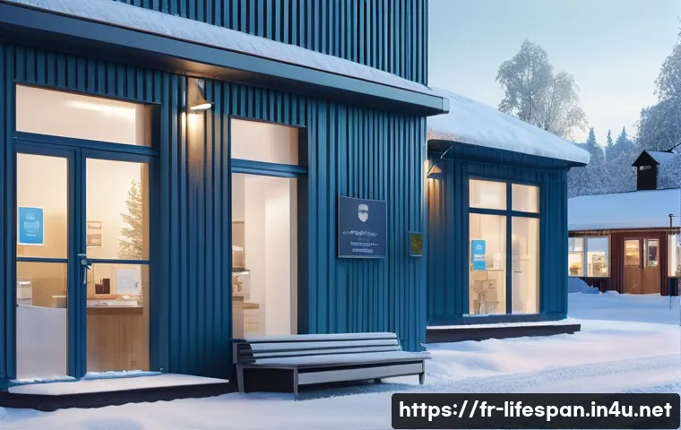 국가별 평균수명 - A serene Nordic healthcare scene showing a modern, accessible clinic in a snowy Scandinavian town, w...