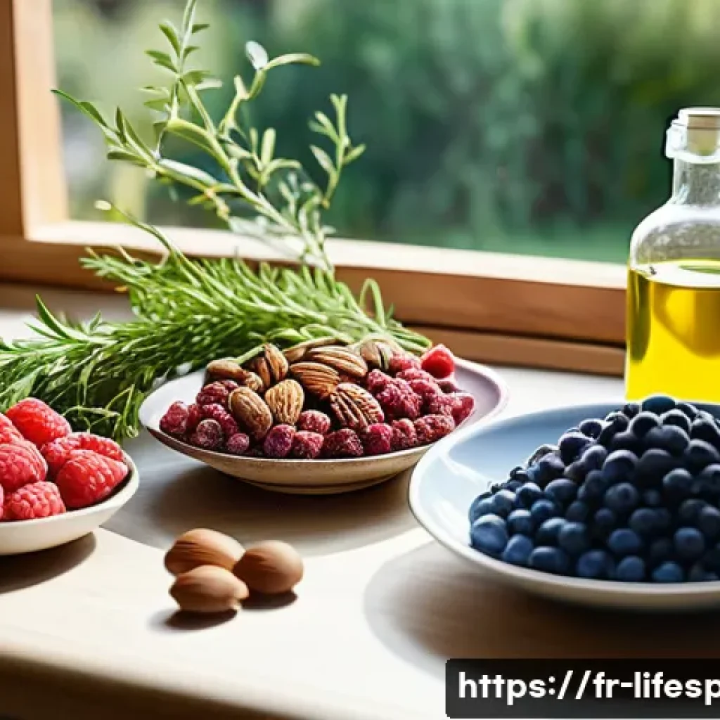 혈관 건강과 평균수명 - A vibrant and healthy Mediterranean kitchen scene featuring a rustic wooden table filled with antiox...