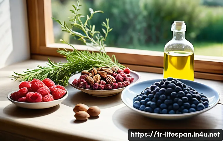 혈관 건강과 평균수명 - A vibrant and healthy Mediterranean kitchen scene featuring a rustic wooden table filled with antiox...
