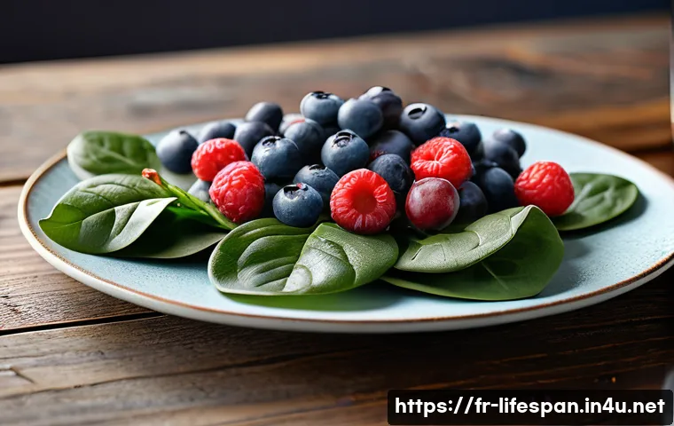 평균수명 연장 전략 - A vibrant and detailed close-up of a healthy balanced meal featuring antioxidant-rich foods popular ...