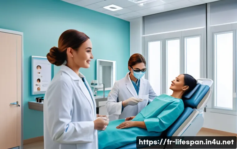 항노화 치료 - A modern dermatology clinic scene showcasing a diverse group of adult patients receiving personalize...