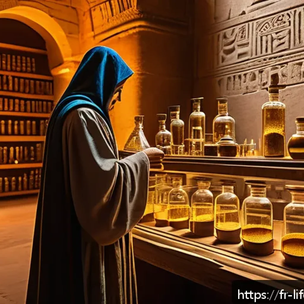 불로장수와 전설 - A mystical ancient alchemist&rsquo;s laboratory set in an Egyptian temple, filled with ornate papyrus scro...