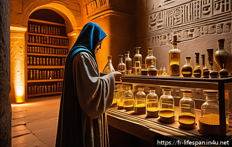 불로장수와 전설 - A mystical ancient alchemist’s laboratory set in an Egyptian temple, filled with ornate papyrus scro...
