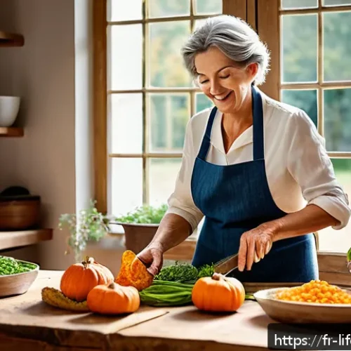 Home 29 활기찬 노년을 위한 건강법 - A vibrant autumn kitchen scene featuring a middle-aged French woman preparing a seasonal vegetable d...