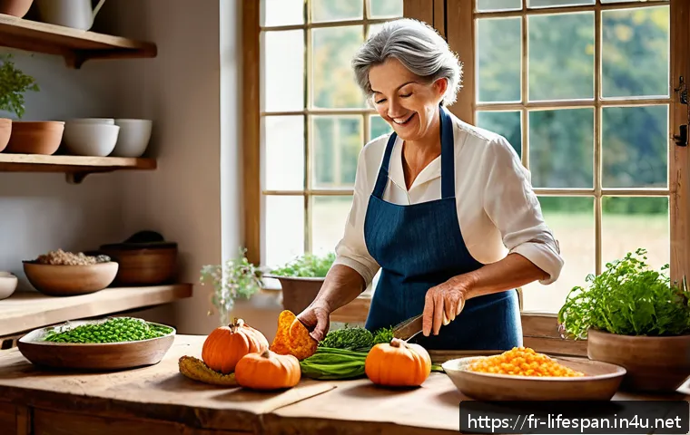 활기찬 노년을 위한 건강법 - A vibrant autumn kitchen scene featuring a middle-aged French woman preparing a seasonal vegetable d...