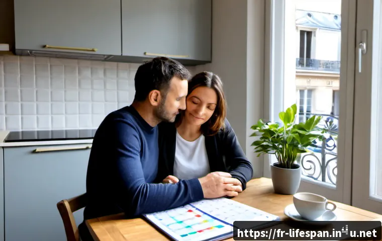 평균수명과 불임 - Photorealistic French couple in their late thirties sitting together at a bright apartment kitchen t...