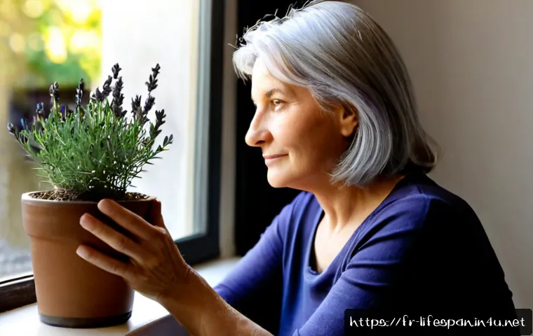 노화의 생리학 - Photorealistic close-up of a healthy French woman in her early sixties examining her hands beside a ...
